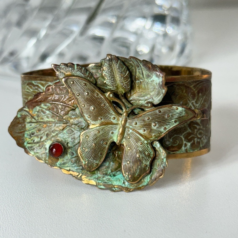 E. Cayne Art Nouveau Brass Butterfly Leaf Cuff Bracelet Signed Vintage